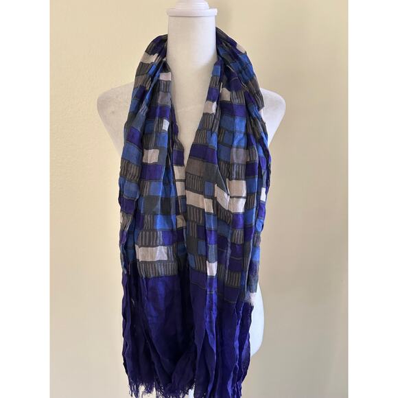 Banana Republic Scarf Silk Wool Purple Geometric OS Frey Hem Crinkled Soft Touch - Picture 5 of 8